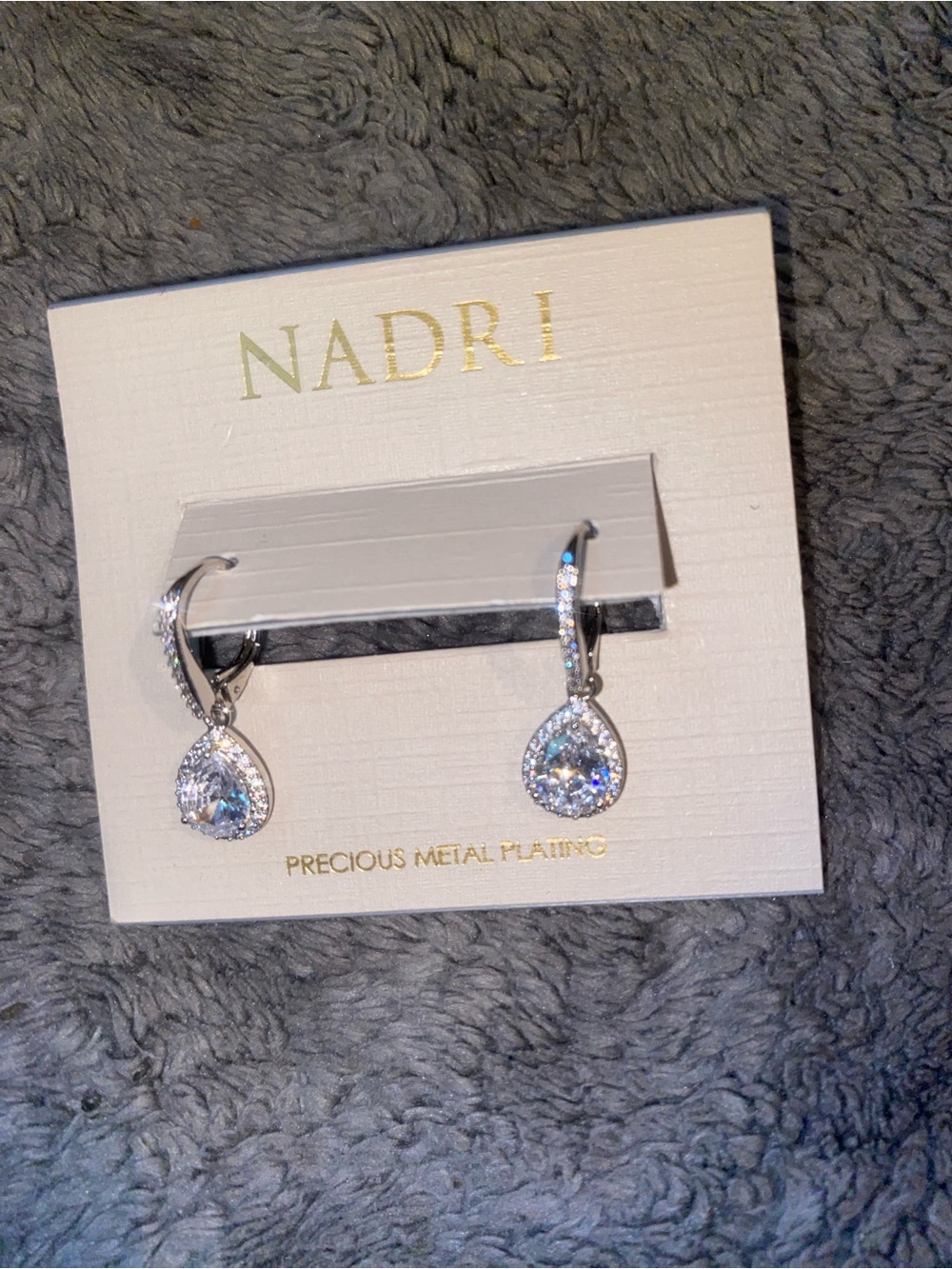 Nadri Silver Teardrop Halo Dangle Earrings with Clear Stones